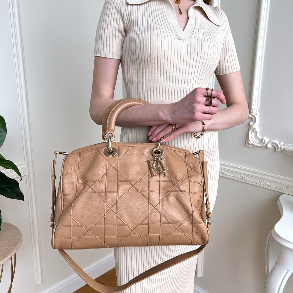 Authentic Christian Dior Tote Beige Cannage Granville Leather Bag B0861